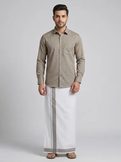 Men Light Grey Matching Border Dhoti With Printed Shirt Set Windsor HNJ2